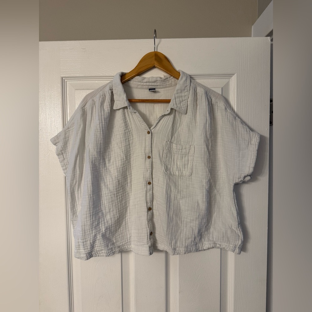 Old Navy White Gauze Button Up Short Sleeve Shirt Size Large